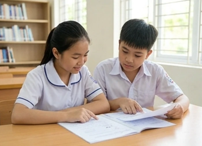 Hai học sinh cùng nhau kiểm tra lại bài thi trên bàn học với thái độ tích cực và bù trừ khuyết điểm