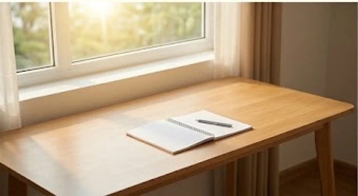 Góc bàn học tối giản tràn ngập ánh sáng buổi sáng sớm giúp tăng khả năng tập trung