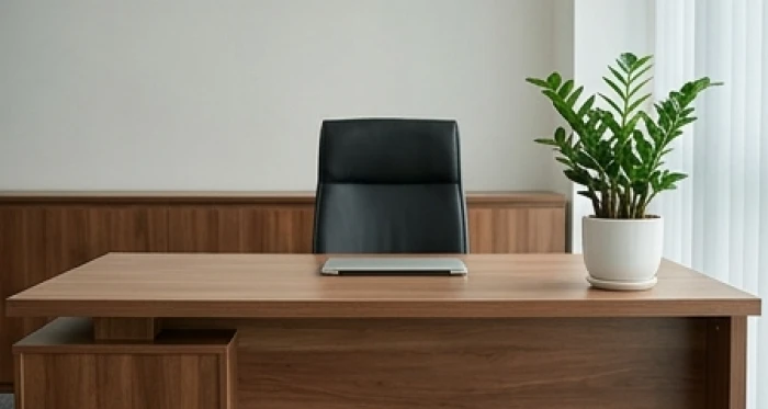 Bàn làm việc giám đốc tuổi Sửu tựa lưng vào tường vững chắc với chậu cây Kim Tiền xanh tốt bên trên