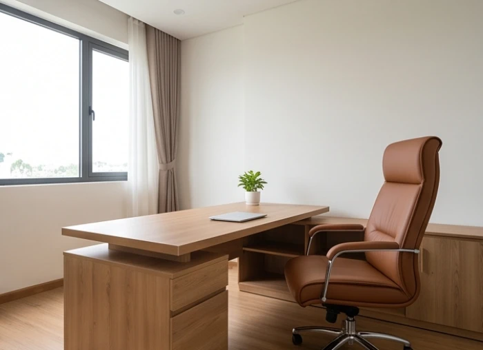 Góc làm việc hiện đại bố trí bàn tựa lưng vững chắc vào tường hướng ra cửa sổ đón ánh sáng