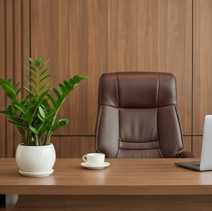 Bàn làm việc của giám đốc có ghế tựa vững chắc vào tường cùng chậu cây kim tiền tươi tốt