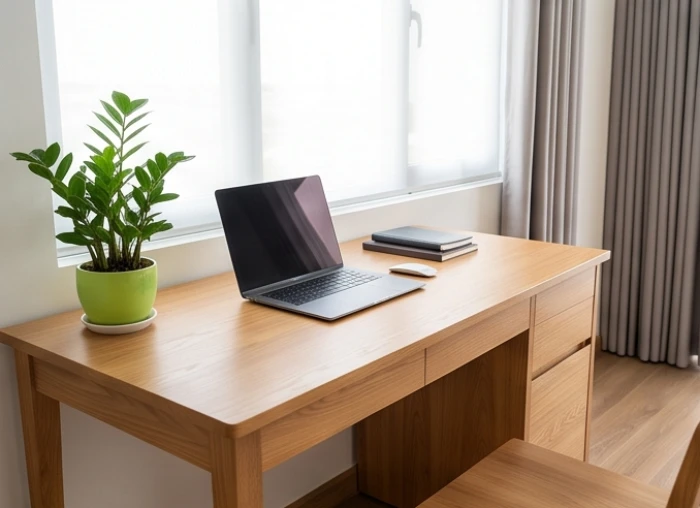 Góc làm việc hiện đại hướng Nam bố trí chậu cây kim tiền ở góc trái giúp người tuổi Mậu Thìn 1988 kích hoạt tài lộc