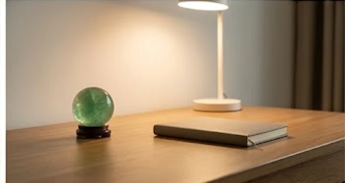 Bàn làm việc nữ giới có đặt quả cầu đá thạch anh màu xanh lá cây