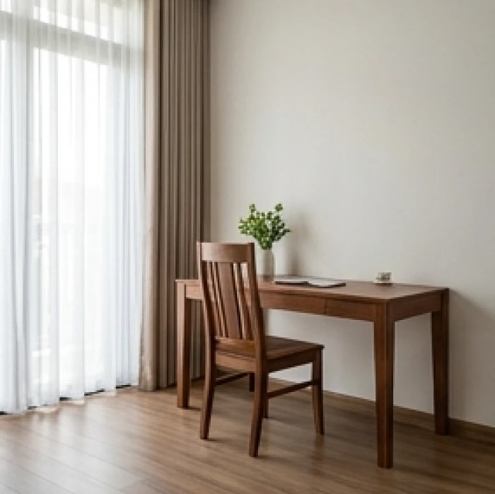 Góc đọc sách thư thái với ghế tựa vững chắc vào tường và khoảng minh đường phía trước bàn rộng rãi