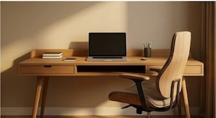 Bàn làm việc bằng gỗ sắp xếp gọn gàng với điểm tựa vững chắc phía sau