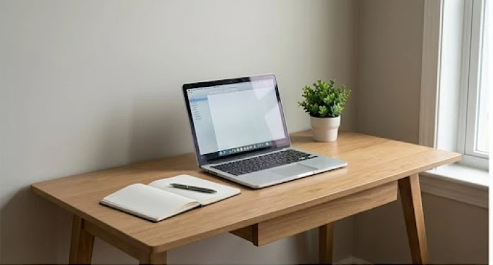 Bàn làm việc bằng gỗ được bố trí xoay chệch góc so với hướng của bức tường để tránh đối đầu trực diện sát khí