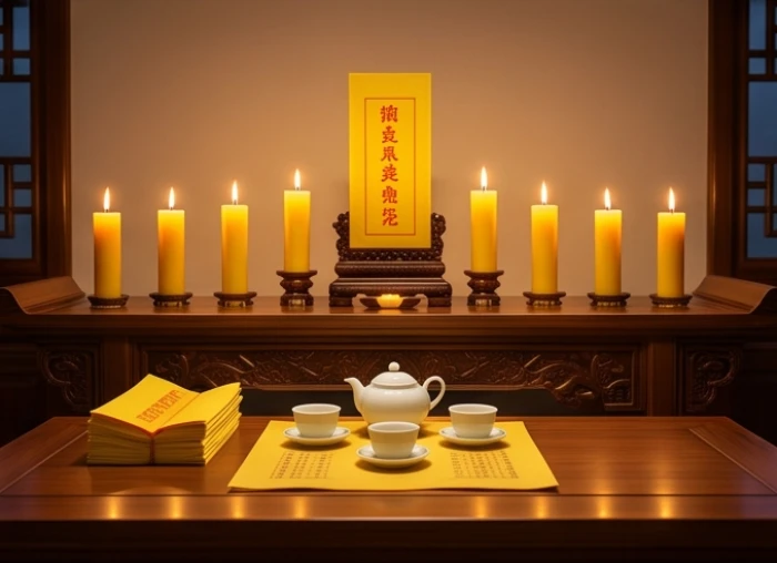 Bàn lễ cúng sao giải hạn được trang trọng sắp xếp với chín ngọn nến vàng lung linh hướng về phía Bắc trong đêm tĩnh lặng