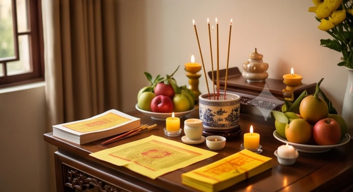 Bàn lễ cúng dâng sao giải hạn được chuẩn bị tươm tất với hương hoa trà quả và bài vị màu vàng