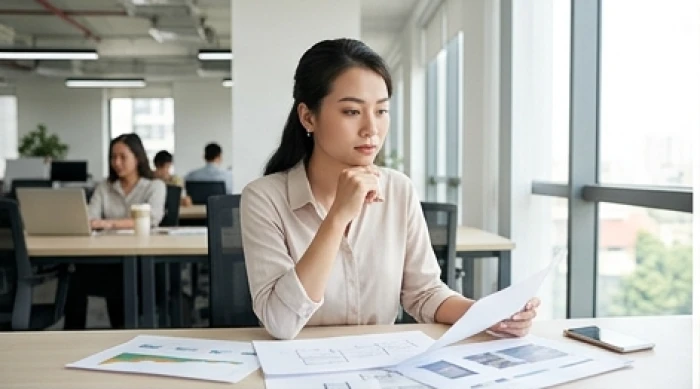 Nhân viên người tuổi Canh Thìn 2000 tập trung suy ngẫm trước màn hình làm việc tại không gian công sở mở
