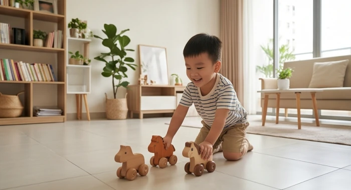 Bé trai tuổi tân sửu vui chơi năng động trong không gian sinh hoạt rộng rãi của gia đình
