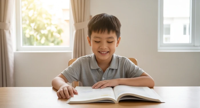 Bé trai 8 tuổi hào hứng làm quen với sách vở lớp 3 trong không gian phòng học yên tĩnh và thoáng đãng