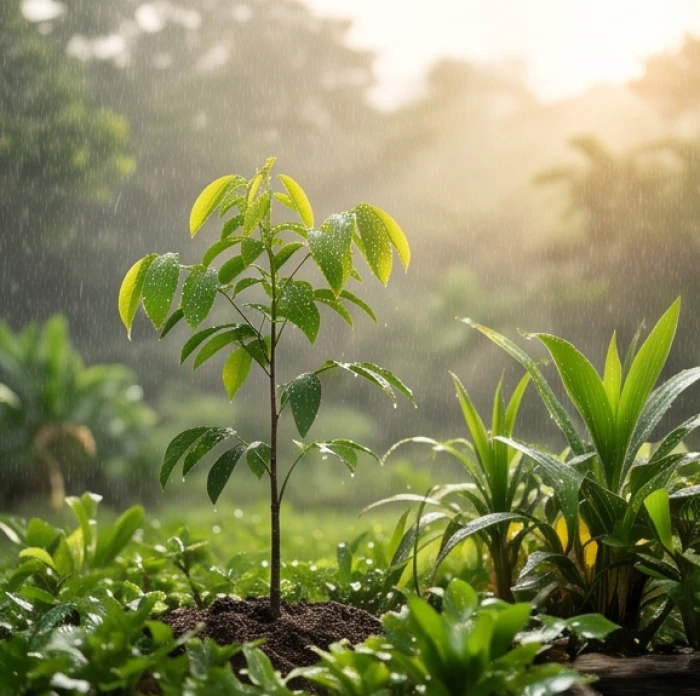 Khóm cây xanh non vươn mình tươi tốt dưới làn mưa xuân tượng trưng cho bản mệnh Bình Địa Mộc được thủy sinh dưỡng
