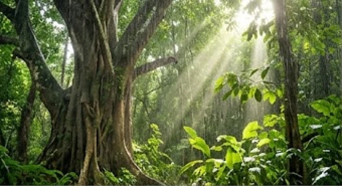 Cây cổ thụ vươn mình trong làn mưa bóng mây tượng trưng cho sức sống của bản mệnh đại lâm mộc