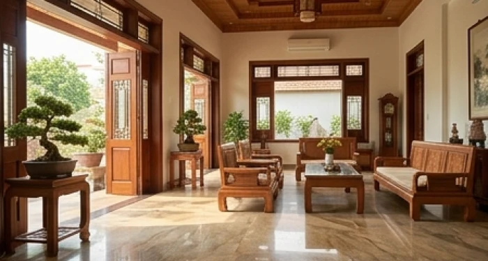 Không gian phòng khách hiện đại với nền móng vững chắc tượng trưng cho bản mệnh Đại Trạch Thổ kiên cố