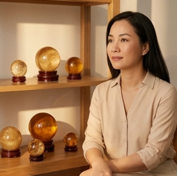 Người phụ nữ tuổi ất sửu trầm tĩnh bên các vật phẩm phong thủy vàng sậm tượng trưng cho hải trung kim