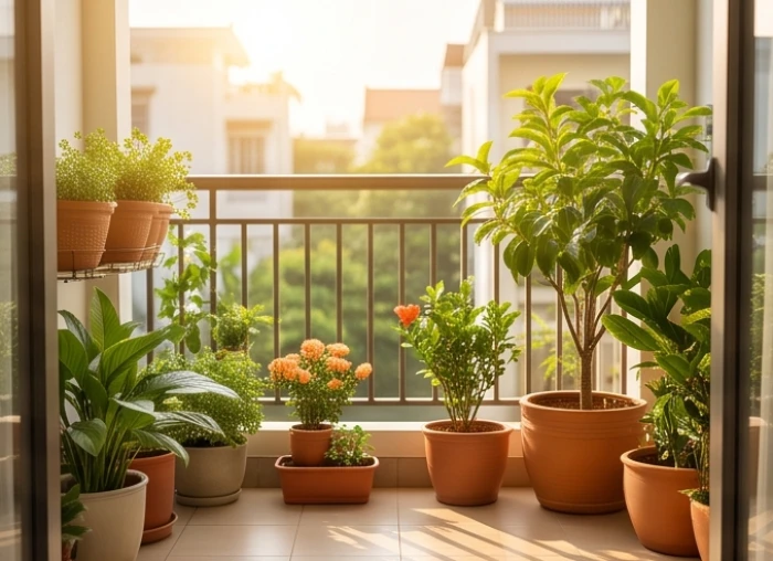 Không gian ban công ngập ánh nắng sớm mang năng lượng Thiên Thượng Hỏa bổ trợ cho mệnh Lộ Bàng Thổ