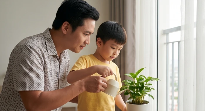 Người cha kiên nhẫn hướng dẫn bé trai Mậu Tuất 2018 trồng cây nhỏ thể hiện bản mệnh Bình Địa Mộc