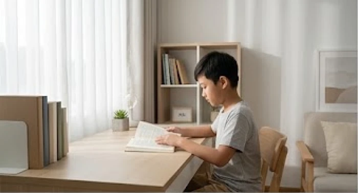 Bé trai tuổi Nhâm Thìn 2012 ngồi học tập trung bên bàn gỗ màu sáng với rèm trắng và ánh sáng tự nhiên