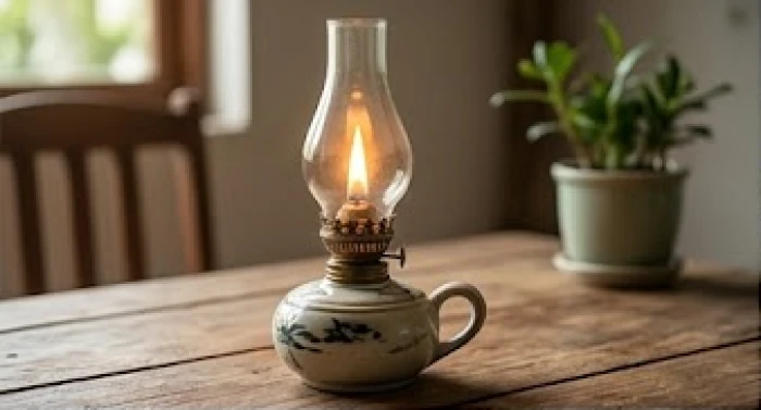 Ngọn đèn dầu cổ bằng gốm sứ đang thắp sáng rực rỡ tượng trưng cho nạp âm Phú Đăng Hỏa của Ất Tỵ