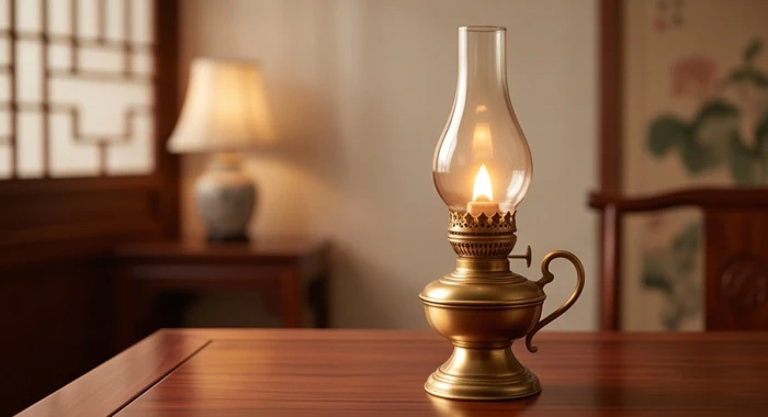 Ngọn đèn trang trí bằng đồng tỏa ánh sáng ấm áp tượng trưng cho bản mệnh phú đăng hỏa