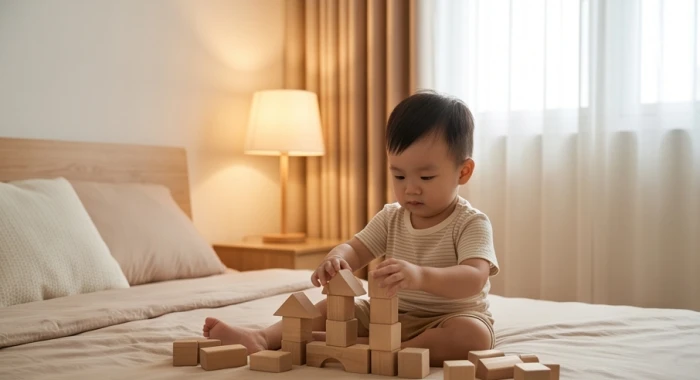 Bé trai tuổi giáp thìn 2024 ngồi chơi xếp hình gỗ trong phòng ngủ với ánh đèn vàng ấm áp che chở gió lớn