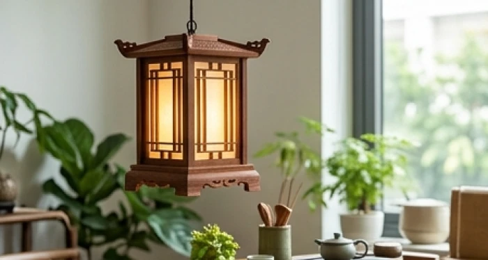 Chiếc đèn lồng gỗ thắp sáng ấm áp trong phòng trà phong thủy thể hiện bản mệnh phú đăng hỏa giáp thìn 1964