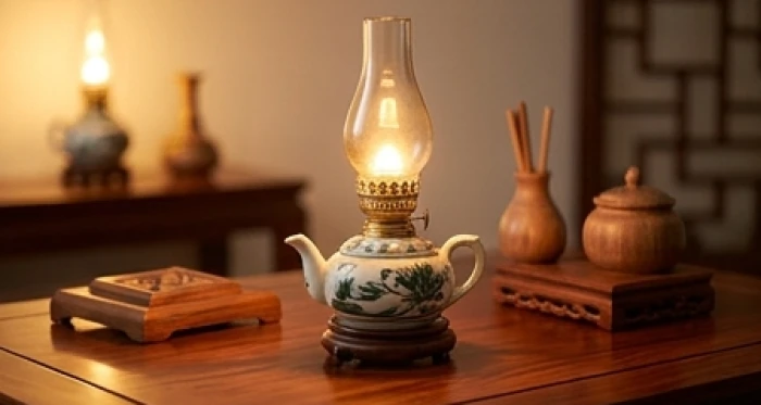 Chiếc đèn dầu truyền thống ngọn lửa sáng dịu bên cạnh các vật phẩm bằng gỗ quý trong nhà