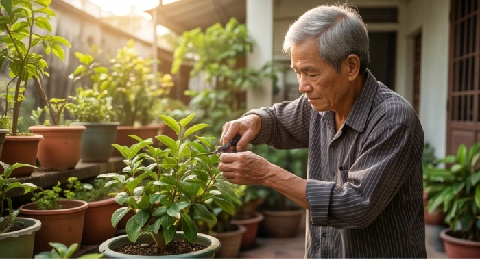 Sự năng động của người lớn tuổi mang nạp âm Sa Trung Kim khi tự tay chăm sóc khu vườn nhỏ