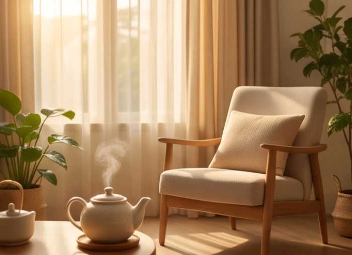 Góc nghỉ ngơi yên tĩnh với bình trà ấm giúp phục hồi năng lượng cho người tuổi giáp tuất 1994