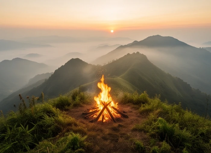 Ngọn lửa rực rỡ trên đỉnh núi cao lúc bình minh tượng trưng cho nội lực mạnh mẽ của tuổi ất hợi