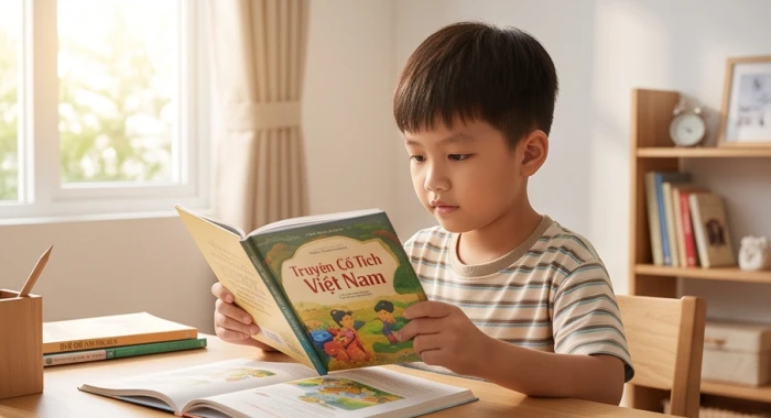 Bé trai Đinh Dậu chăm chỉ ngồi đọc sách bên bàn gỗ ngăn nắp trong phòng học tràn ngập ánh sáng ban mai