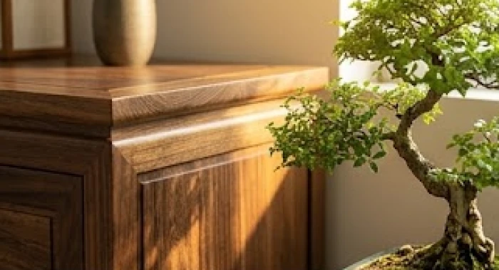 Không gian trà thất nội thất gỗ tự nhiên thể hiện sự bền bỉ của bản mệnh Tang Đố Mộc