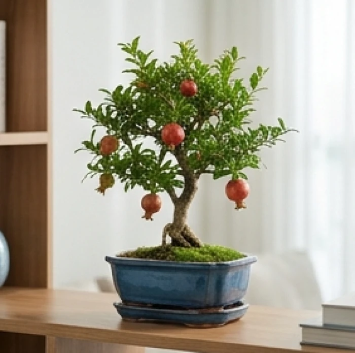 Cây lựu bonsai với dáng thế kiên cường đặt bên chậu sứ xanh lam trong không gian nhà ở hiện đại