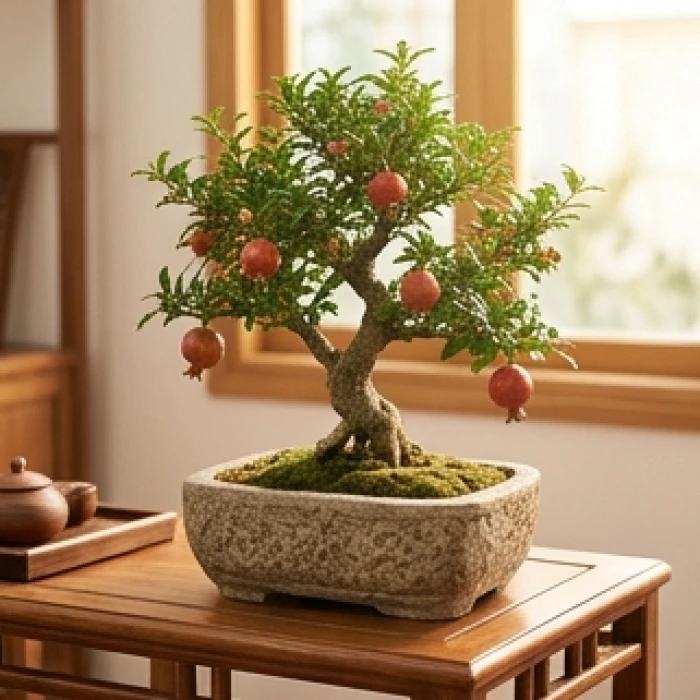 Cây bonsai lựu trĩu quả tượng trưng cho sinh khí dẻo dai của nạp âm Thạch Lựu Mộc