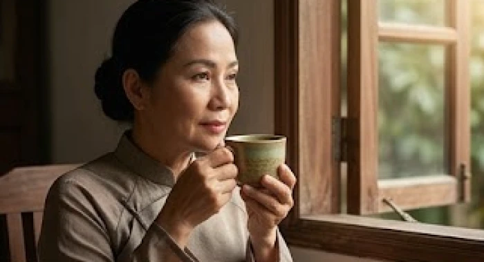 Người phụ nữ trung niên với ánh mắt kiên định bên chén trà nóng biểu trưng cho tính cách mạnh mẽ của bản mệnh Hỏa