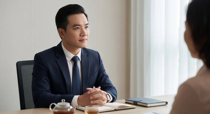Phong thái điềm đạm và tinh tế của người bản mệnh Thoa Xuyến Kim khi thảo luận công việc trong phòng họp trang nhã