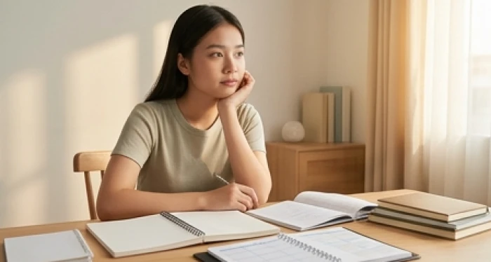 Nữ sinh tuổi Mậu Tý điềm tĩnh ôn bài trước bàn học gọn gàng giúp tiết chế sự bốc đồng của mệnh Hỏa