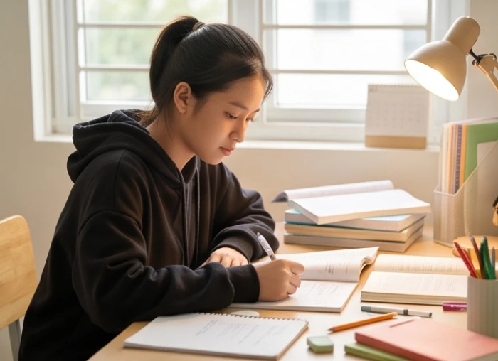 Học sinh tuổi Kỷ Sửu 2009 mệnh Tích Lịch Hỏa hăng say ôn tập bên bàn học có đèn sáng ấm áp
