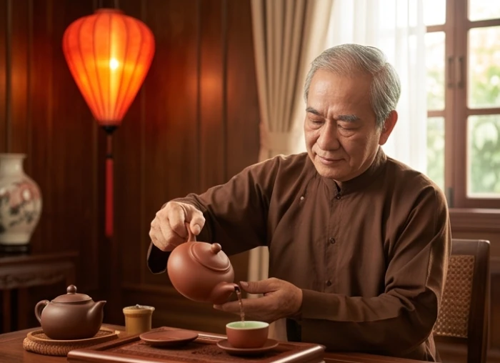 Gia chủ nam giới sinh năm 1948 pha trà bên chiếc đèn lồng đỏ ấm cúng tượng trưng năng lượng tích lịch hỏa