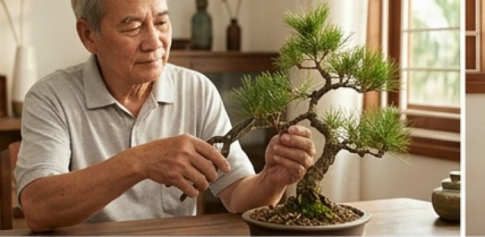 Ông lão Tân Mão điềm đạm chăm sóc chậu bonsai cây tùng thể hiện sự kiên cường trong tính cách tuổi Tân Mão 1951