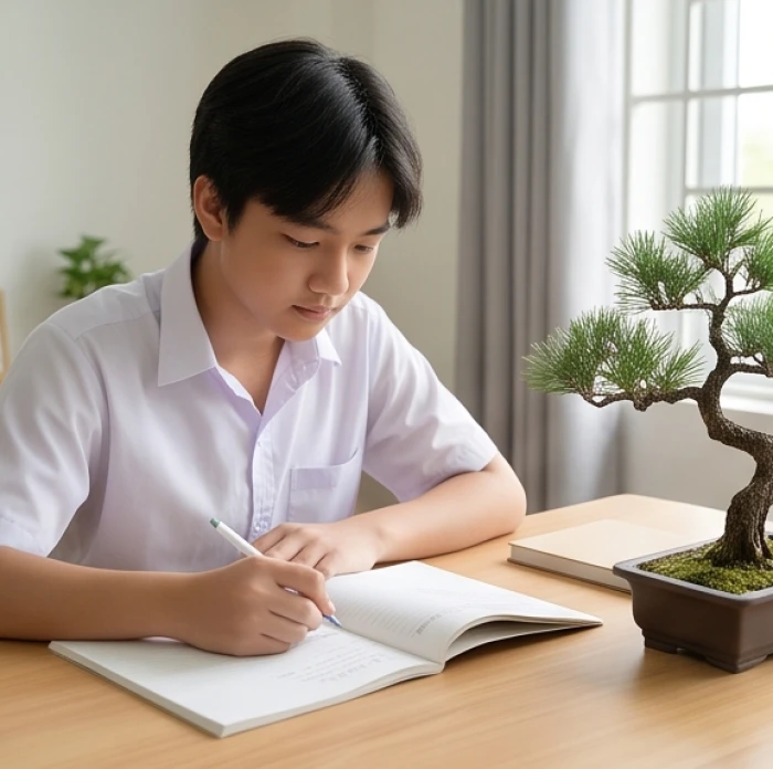 Học sinh tuổi Canh Dần mệnh Tùng Bách Mộc đọc sách kiên định bên chậu cây tùng bách xanh tốt trên bàn