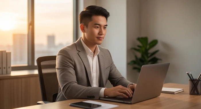 Nam thanh niên tuổi Giáp Tuất đang tập trung giải quyết công việc với phong thái quyết đoán và tự tin