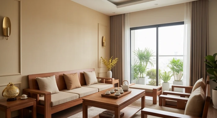 Không gian phòng khách gia chủ tuổi Nhâm Dần 1962 bài trí nội thất màu vàng ấm củng cố năng lượng Kim Bạch Kim
