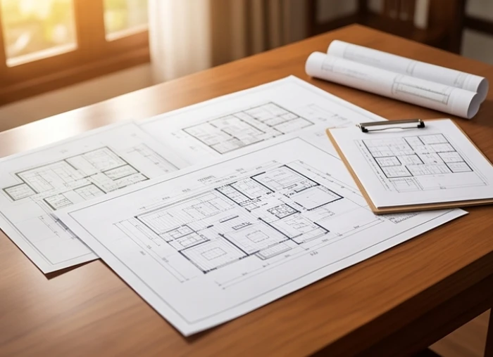 Tài liệu quy hoạch và bản đồ đất đai được sắp xếp cẩn thận trên bàn làm việc bằng gỗ gọn gàng và ngăn nắp