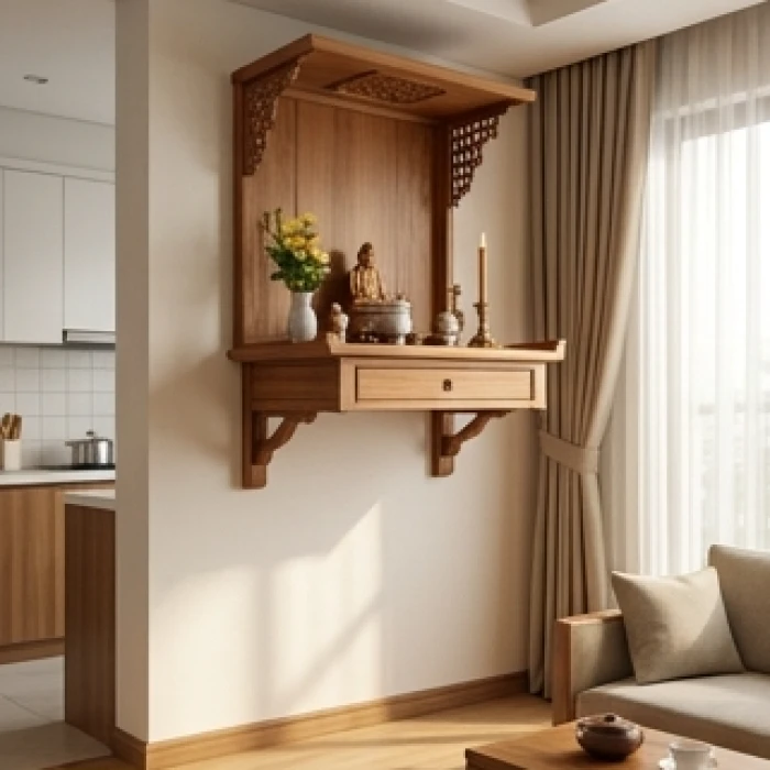 Bàn thờ bằng gỗ sồi đặt áp lưng vào bức tường gạch vững chắc tại khu vực trang trọng của phòng khách chung cư