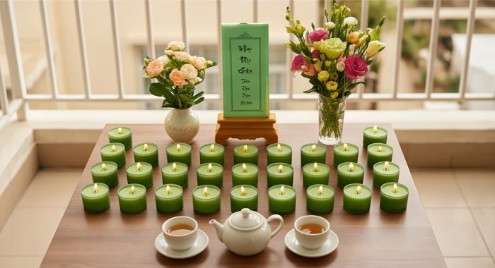 Mâm cúng nghênh sao Mộc Đức với nến xanh lá cây và hoa quả trang nghiêm đặt tại ban công hướng Đông
