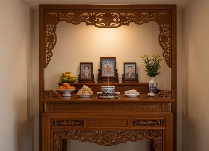 Bàn thờ gia tiên bằng gỗ gụ chạm khắc tinh xảo đặt tại nơi trang nghiêm và thanh tịnh nhất trong nhà