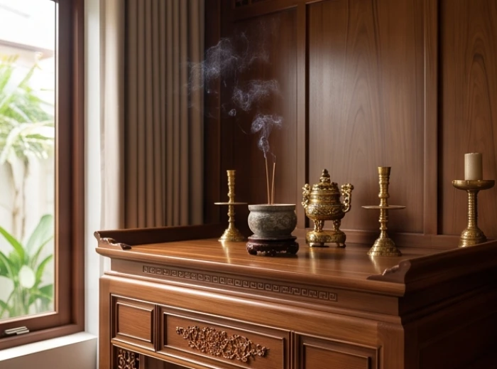 Bàn thờ gia tiên bằng gỗ tự nhiên nguyên khối đặt vững chãi tại vị trí tọa cát hướng cát trong phòng thờ