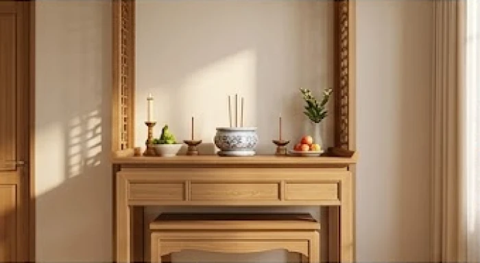Bàn thờ gia tiên bằng gỗ nâu trầm được bài trí trang nghiêm, gọn gàng