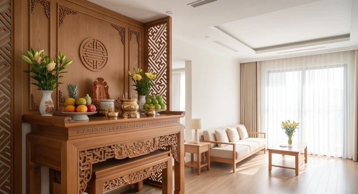 Bàn thờ gia tiên bằng gỗ tự nhiên đặt ở vị trí trang trọng xoay về hướng sinh khí đón năng lượng tốt cho gia đình